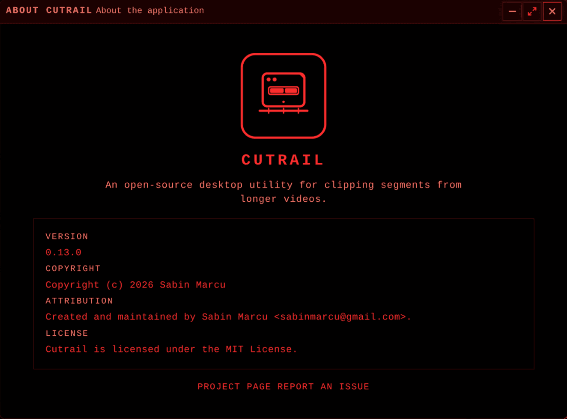 The About window identifies Cutrail as an open-source desktop utility for clipping longer videos.