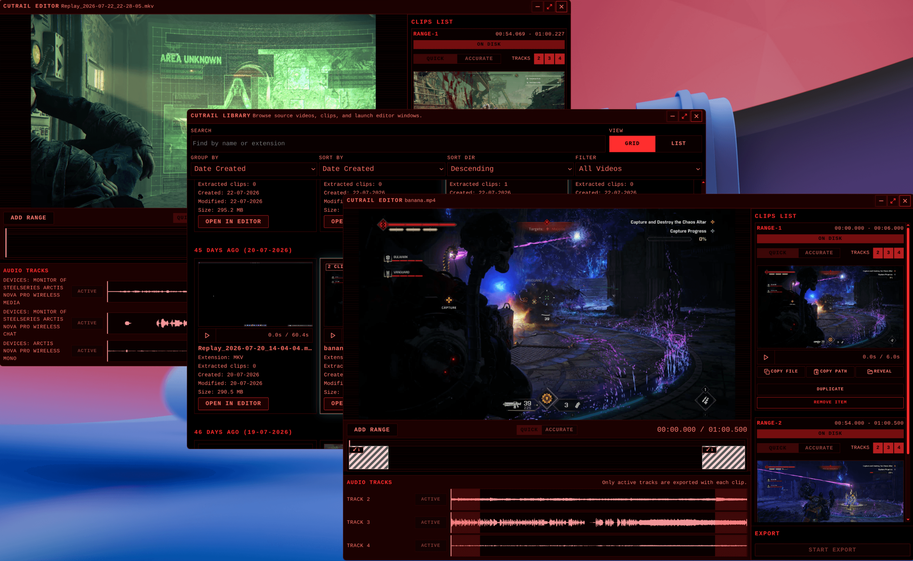 Several Cutrail windows show source-video browsing, independent editors, clip ranges, and audio-track controls.