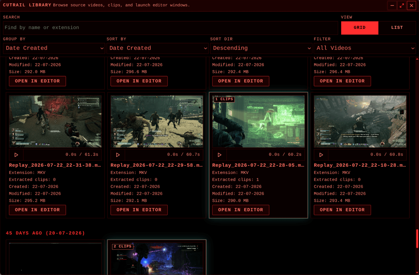 The Cutrail Library groups source videos by date and shows an extracted-clip count for each source.