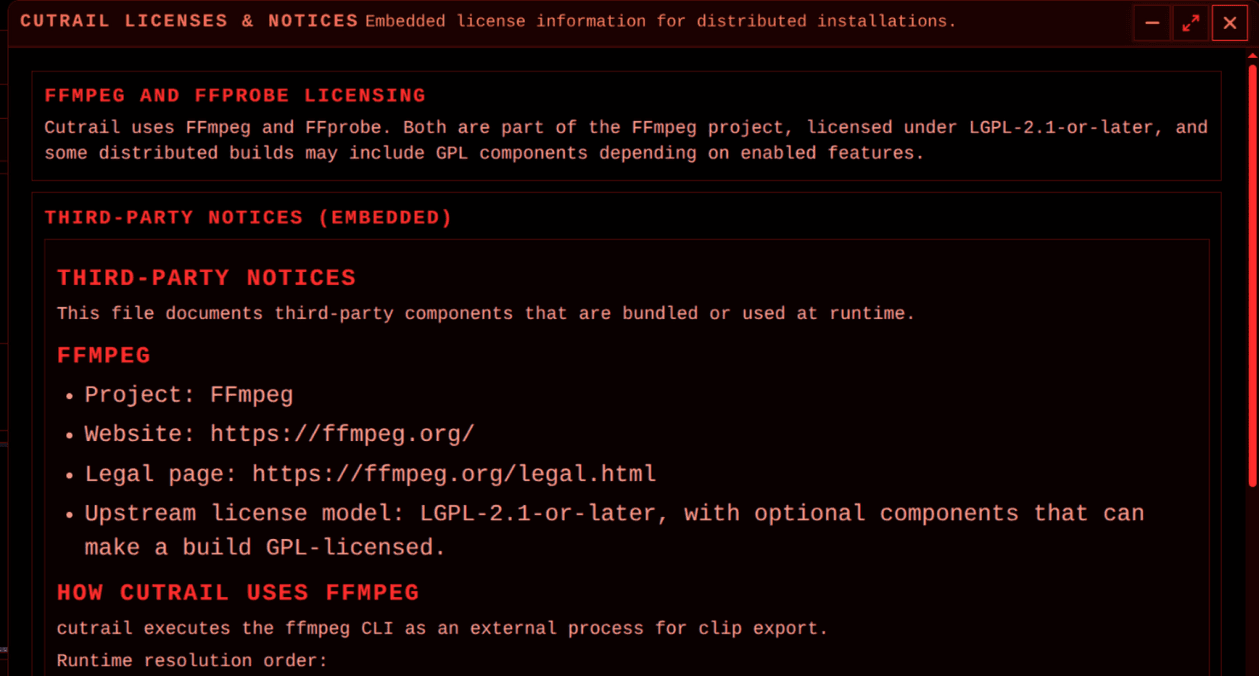 The Licenses & Notices window includes FFmpeg and FFprobe licensing and third-party notices.