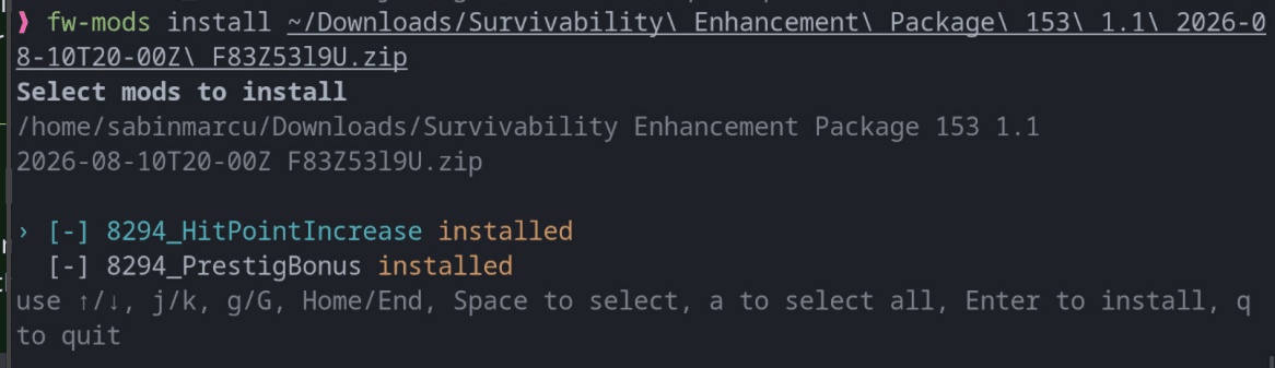 The archive selector shows two installed mods that cannot be selected.