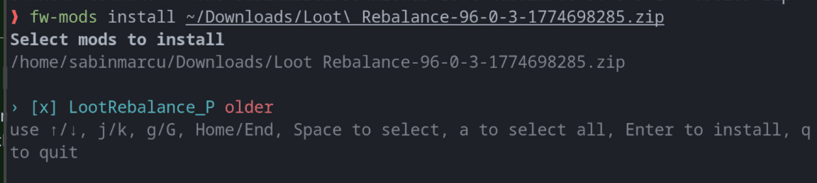 The archive selector presents an older LootRebalance mod as selected for installation.