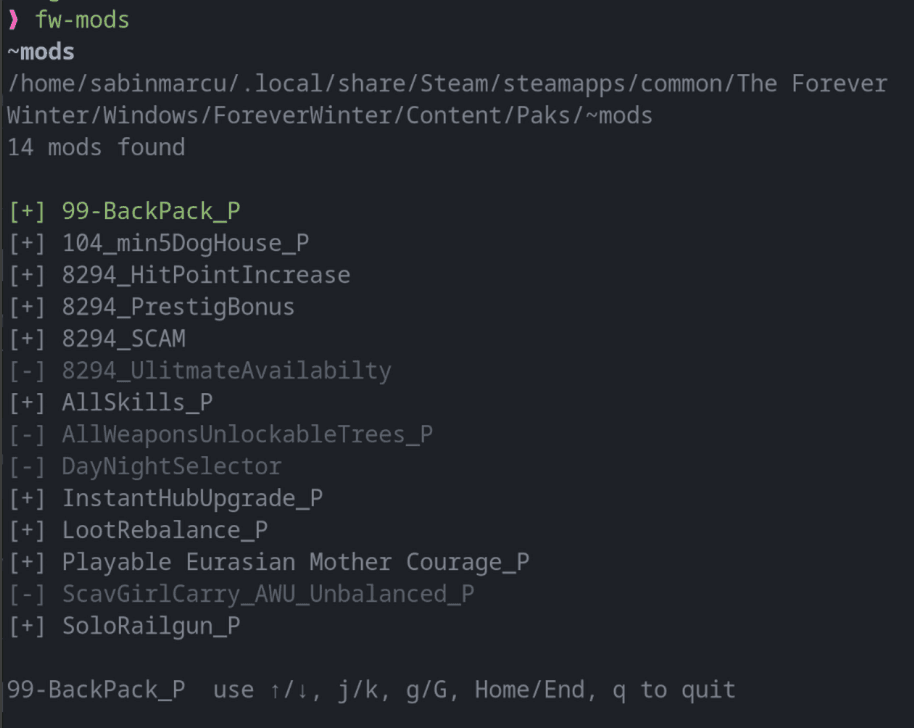 The fw-mods manager lists fourteen complete mod triplets and shows enabled and disabled states.